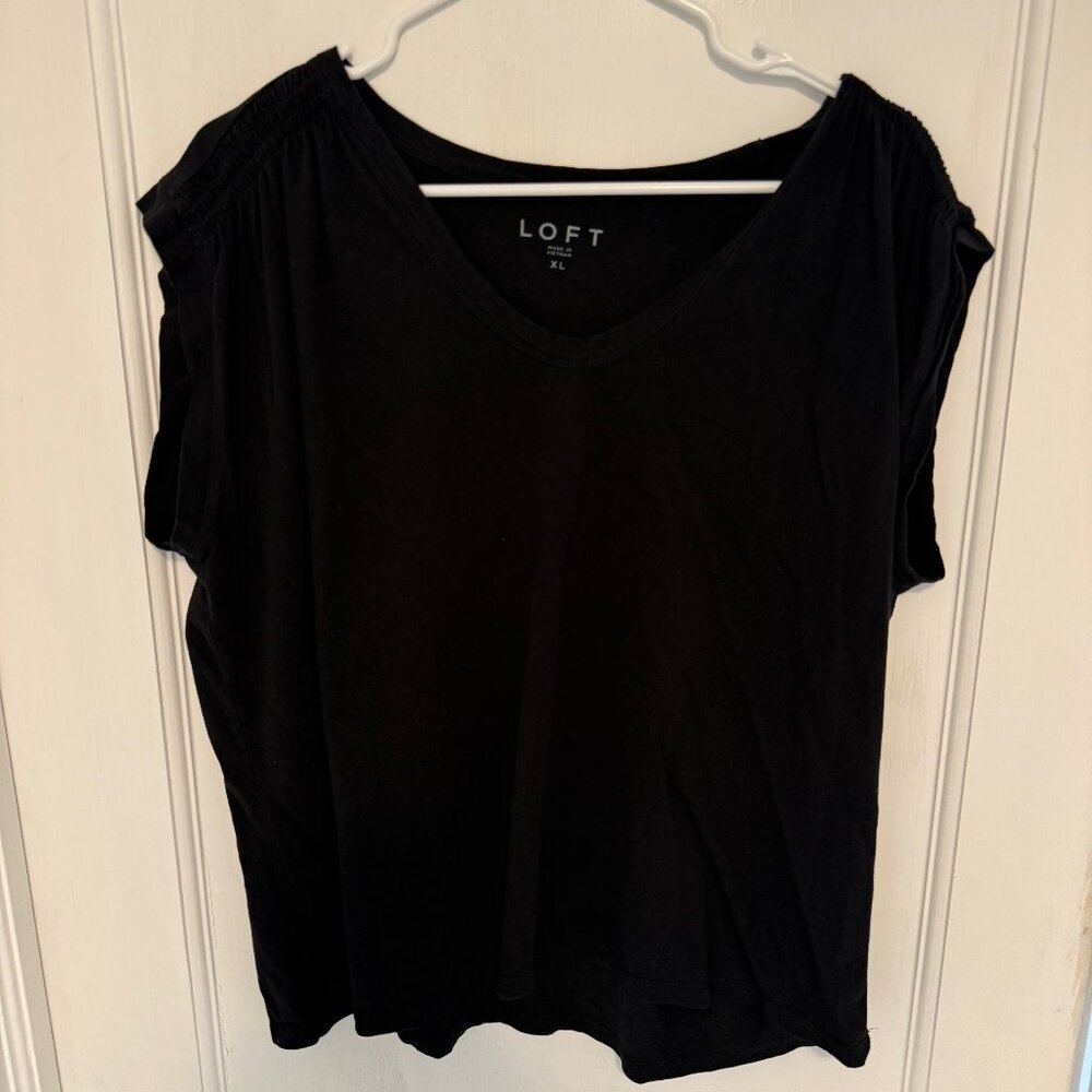 LOFT Black Tee-Cap Sleeve- Ruching on Sleeve